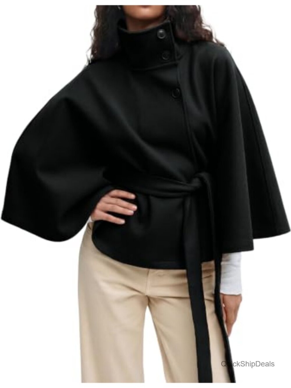Wool Blend Pea Coat Batwing Sleeve Overcoat Stand Collar Winter Jacket